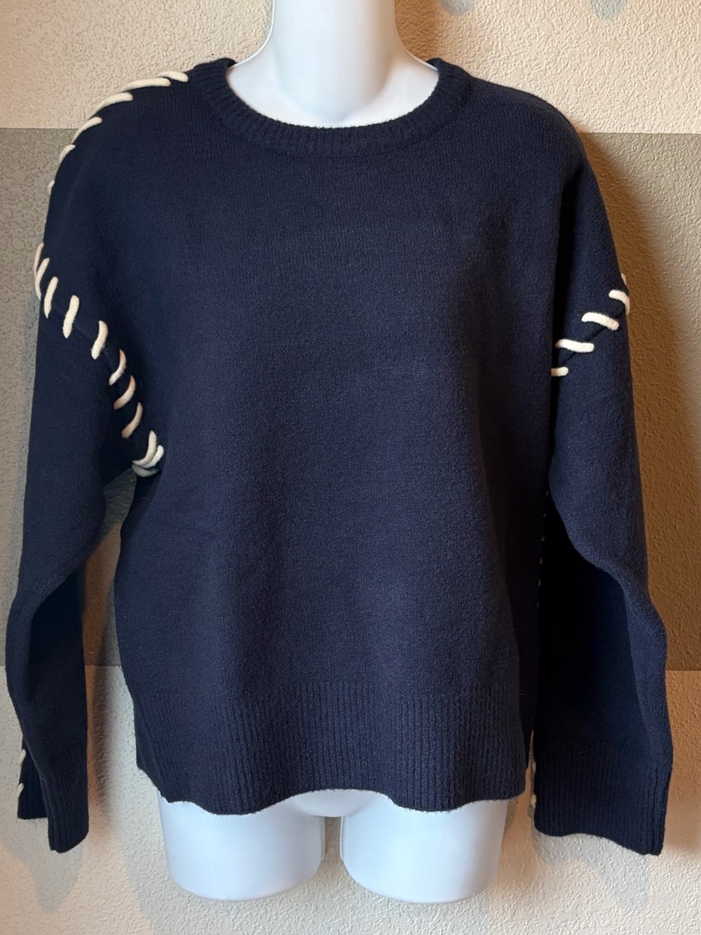 Sunday Edition Women Small Long Sleeve Sweater Navy Cream Whip Contrast Stitch